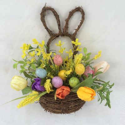 AI-FL7106-Q01 Bunny Frame with Tulips Forsythia & Eggs in a Basket Wreath Multi Color