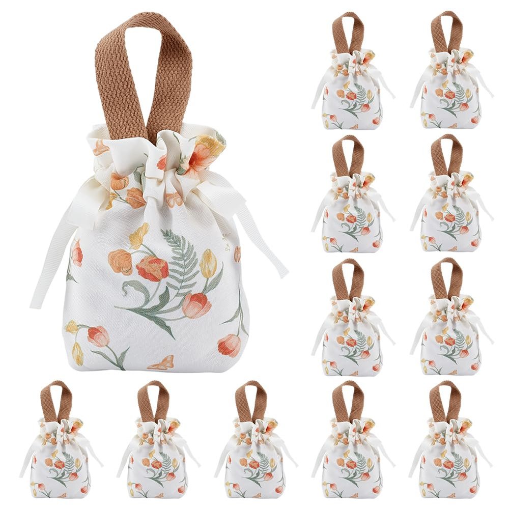 WEBEEDY 12 Pcs Floral Small Gift Bags with Handles Mini Drawstring Gift Pouches, 5.1x5.9 Inch Canvas Tea Party Favor Bags Candy Gift Bag for Wedding Bridal Shower Birthday Party (Champagne Color)