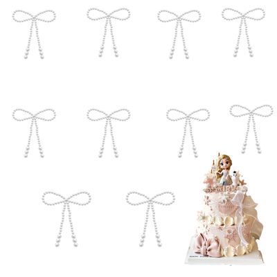 10 Pcs Pearl Bow Cake Toppers, 4.3x3.9 Inches White Pearl Beaded Cake Decorations, Large and Small Pearls, Elegant Cupcake Toppers for Weddings, Birthday, Valentines Day and Baby Shower Party Supplies