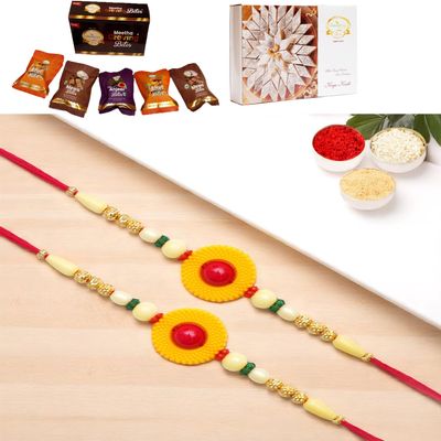 Ghasitaram Gifts Jaiccha Rakhis for Brother Rakhis Online - Set of 2 - Y-199 Fancy Rakhi with Asorted bites box and 200 gms of Kaju katli