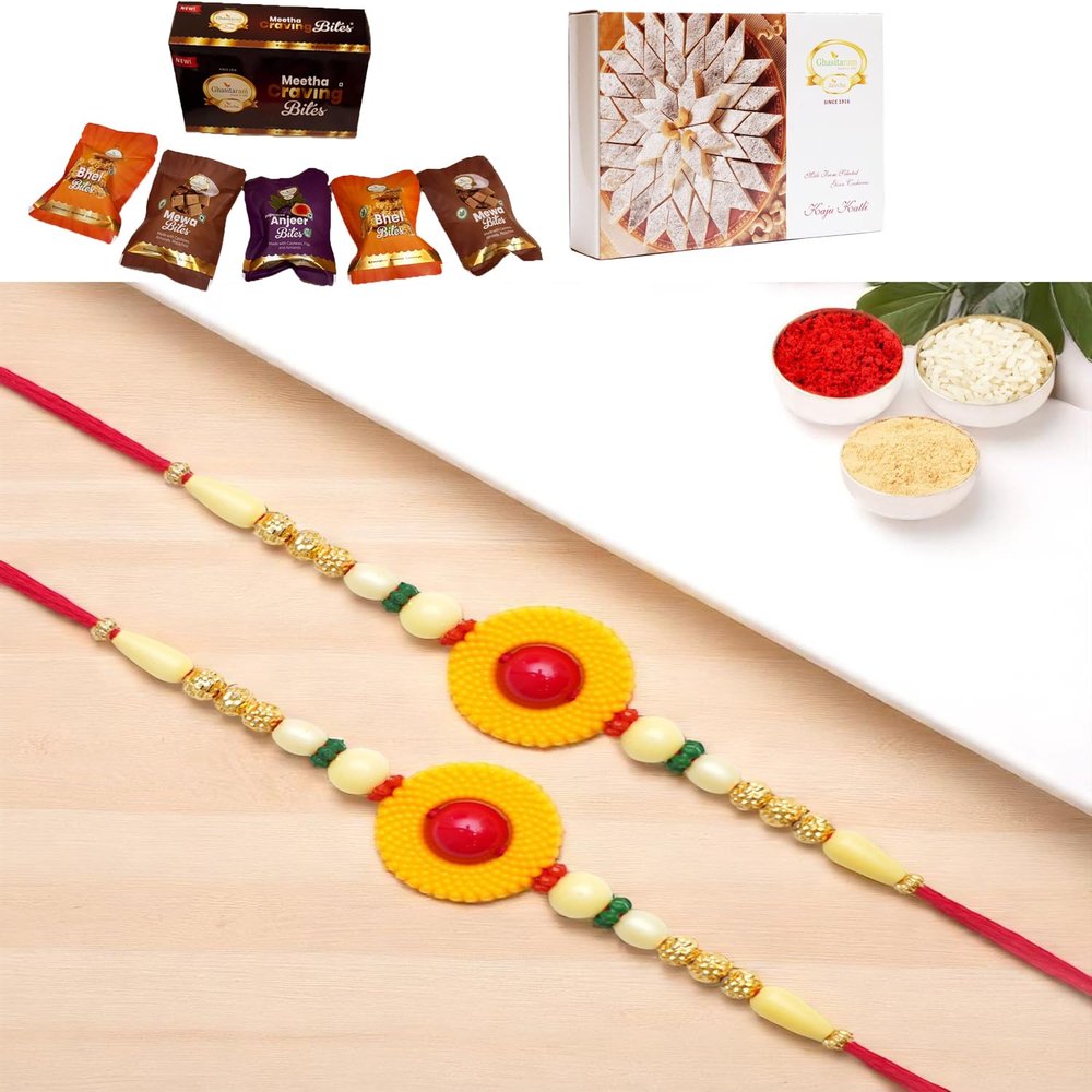 Ghasitaram Gifts Jaiccha Rakhis for Brother Rakhis Online - Set of 2 - Y-199 Fancy Rakhi with Asorted bites box and 200 gms of Kaju katli