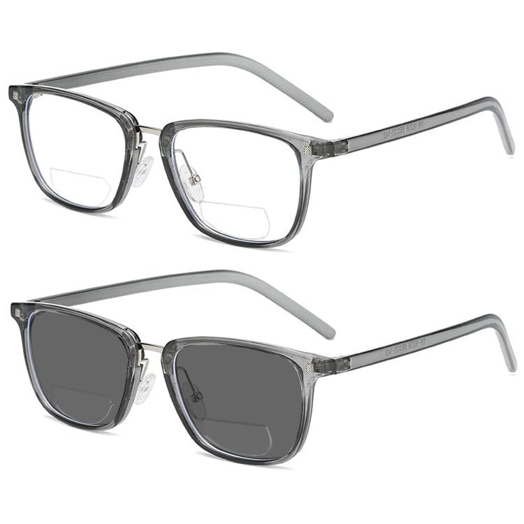 bullabulling Retro Square Bifocal Reading Glasses For Men Women Photochromic Lens Transition Sunglasses Presbyopia UV400 (Gray, 2.25, x)