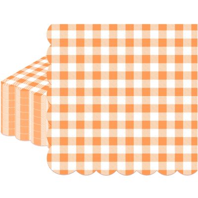 100 Pcs Orange Gingham Napkins Disposable - Orange and White Checkered Paper Napkins - Scalloped Plaid Napkin for Dinner Birthday Picnic Wedding Easter Party Supplies