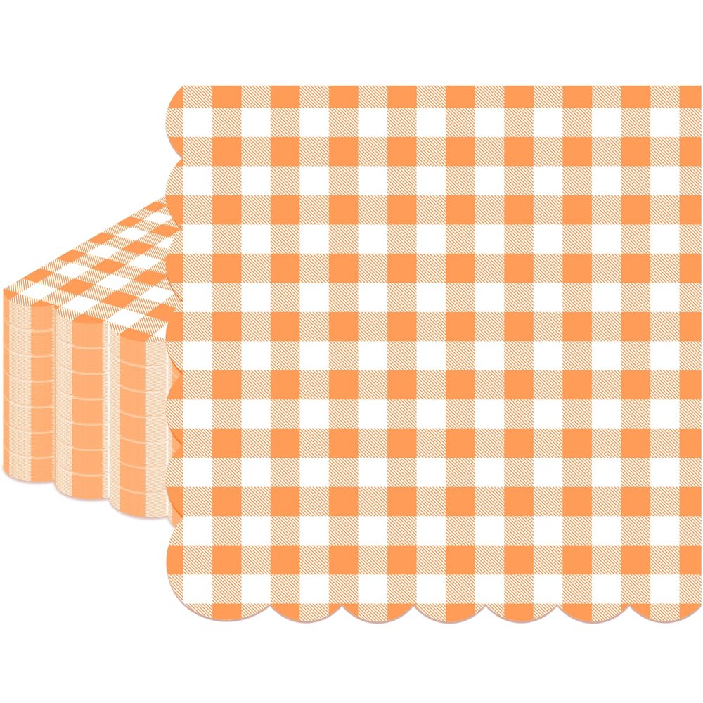 100 Pcs Orange Gingham Napkins Disposable - Orange and White Checkered Paper Napkins - Scalloped Plaid Napkin for Dinner Birthday Picnic Wedding Easter Party Supplies