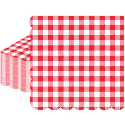 100 Pcs Red Gingham Napkins Disposable - Red and White Checkered Paper Napkins - Scalloped Plaid Dinner Napkins for Picnic BBQ Birthday Wedding Valentines Day Party Supplies