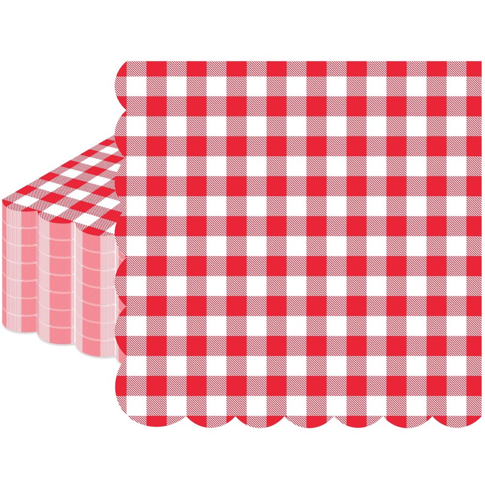 100 Pcs Red Gingham Napkins Disposable - Red and White Checkered Paper Napkins - Scalloped Plaid Dinner Napkins for Picnic BBQ Birthday Wedding Valentines Day Party Supplies
