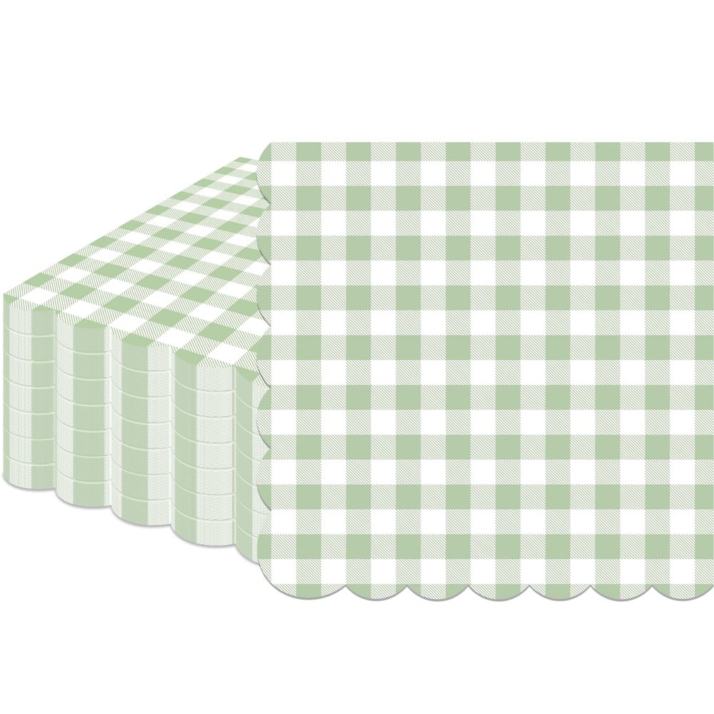 100 Pcs Sage Green Gingham Napkins Disposable - Sage Green and White Checkered Paper Napkins - Scalloped Plaid Dinner Napkins for Picnic Birthday Wedding Bride Shower Party Supplies