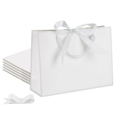 STOBOCTER 6 Pcs Thank You Gift Bags with Handles 12.6"x4"x9.1'' Welcome Bags Return Gifts with Bow Ribbon for Wedding Bridesmaid Baby Shower Graduation Housewarming Birthday Party(White, Silver)