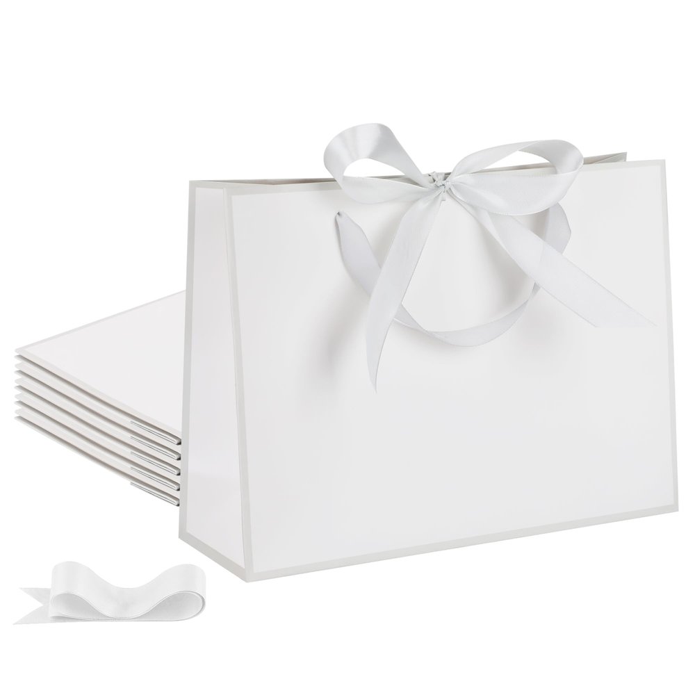 STOBOCTER 6 Pcs Thank You Gift Bags with Handles 12.6"x4"x9.1'' Welcome Bags Return Gifts with Bow Ribbon for Wedding Bridesmaid Baby Shower Graduation Housewarming Birthday Party(White, Silver)
