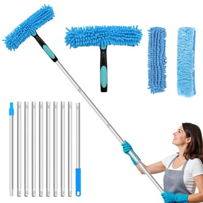 4.2M Extendable Window Cleaning Kit Cleaner with Silicone Squeegee and 2 Microfiber Cloths, Long Reach Window Cleaning Equipment for High Windows, Glass, Car, Shower and Wall, Blue