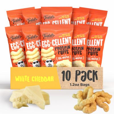 Todds Better Snacks Egg-Cellent High Protein Puffs - White Cheddar, 12g Protein, Gluten Free Paleo Snack, Baked Not Fried, GLP-1 Friendly - Healthy Crunchy Egg White Snacks 1.2oz Bags (10 Pack)