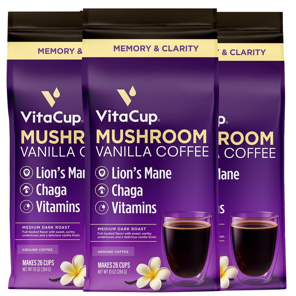 VitaCup Mushroom Coffee Grounds, Vanilla Flavored Coffee with Lions Mane, Chaga, B Vitamins, D3, Boost Focus, Immunity, Memory & Clarity, Medium Dark Roast, 100% Arabica Specialty, 3 bags, 10 oz each