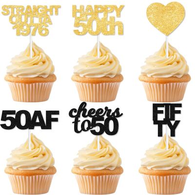 18Pcs Black Gold Dessert Cupcake Topper,Pick for Straight Outta 1976 Cheer to Fifty Years Old Theme Supplies Happy 50th Birthday Party Decoration Supplies