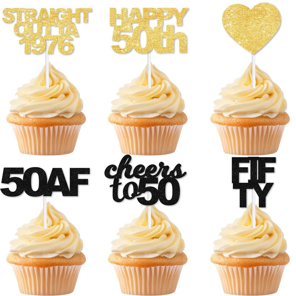 18Pcs Black Gold Dessert Cupcake Topper,Pick for Straight Outta 1976 Cheer to Fifty Years Old Theme Supplies Happy 50th Birthday Party Decoration Supplies