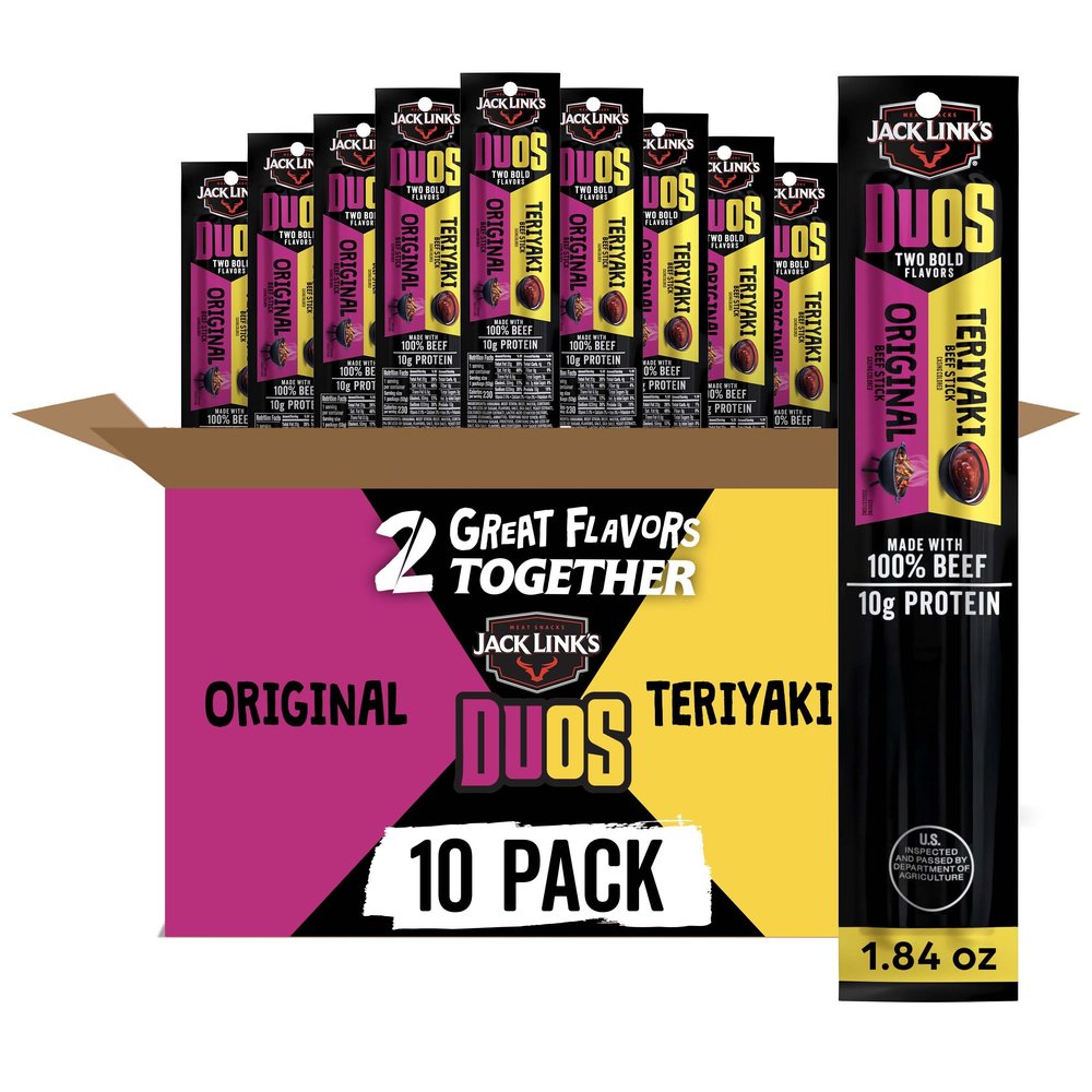 Jack Link's DUOs Beef Jerky Meat Snack Sticks with 10g Protein Original & Teriyaki, Made with 100% Beef, Two Flavors in One Package, 1.84oz (10 Pack of 2 Sticks)