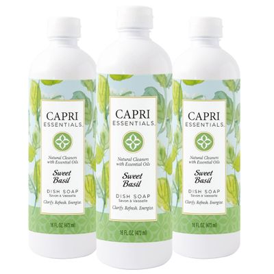 CAPRI ESSENTIALS Dish Soap Liquid, Natural Household Cleaning, Plant Based Aromatic Dish Detergent, Blend of Essential Oils with Almond Oil, Eucalyptus & Peppermint, Sweet Basil, 16 FL Oz (3 Pack)