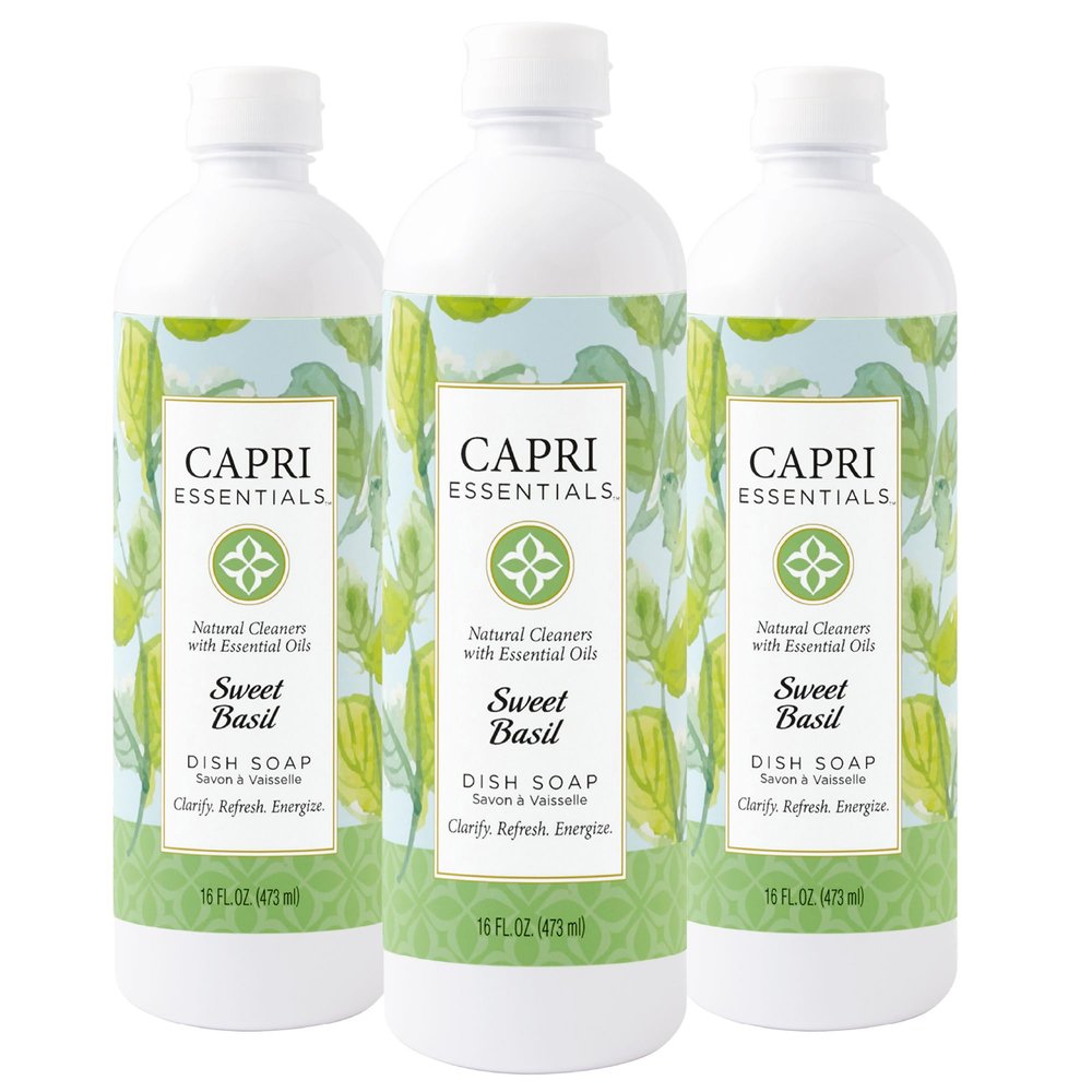 CAPRI ESSENTIALS Dish Soap Liquid, Natural Household Cleaning, Plant Based Aromatic Dish Detergent, Blend of Essential Oils with Almond Oil, Eucalyptus & Peppermint, Sweet Basil, 16 FL Oz (3 Pack)