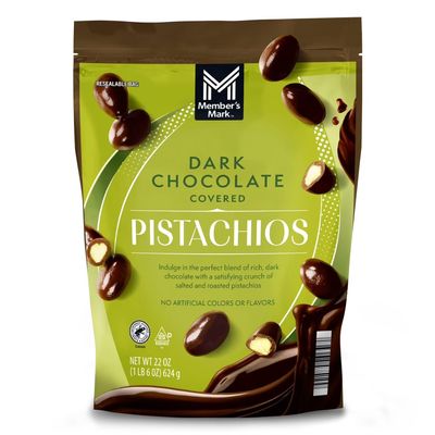 Member's Mark Dark Chocolate Covered Pistachios, 22 Ounces, Resealable Bag