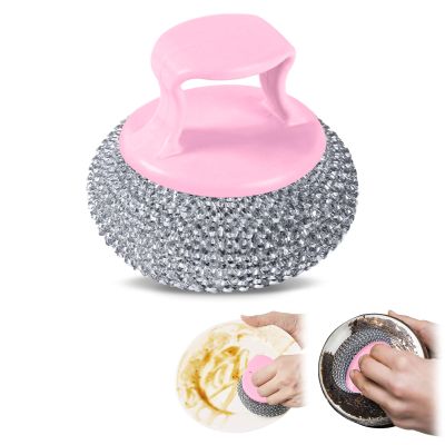 Steel Wool Scrubber with Handle, Multifunctional Metal Scrubber for Pan Pot, Metal Scouring Pads Dishwashing Stainless Steel Scrubbing Pads for Kitchen (Pink)