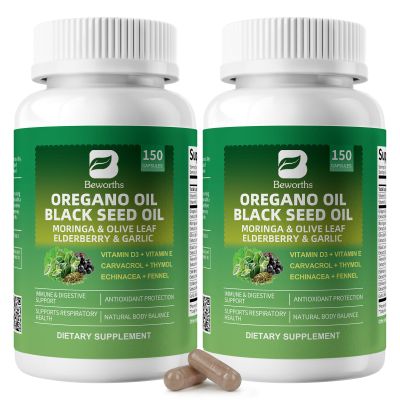 2PCS Oil of Oregano with Black Seed Oil - Oregano Oil Capsules Organic | Moringa, Garlic, Olive, Elderberry, Echinacea, Fennel - 95% High Carvacrol Oregano for Immune, Digestive Support - 300 Capsules