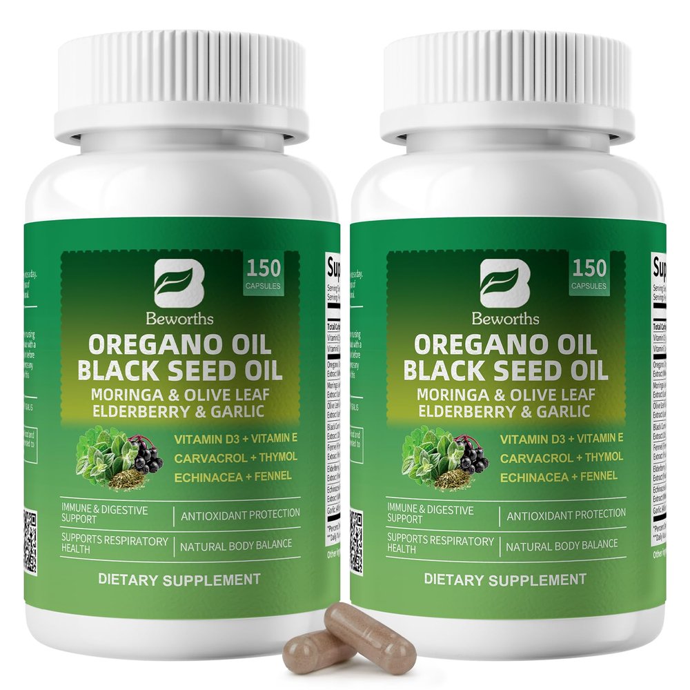 2PCS Oil of Oregano with Black Seed Oil - Oregano Oil Capsules Organic | Moringa, Garlic, Olive, Elderberry, Echinacea, Fennel - 95% High Carvacrol Oregano for Immune, Digestive Support - 300 Capsules