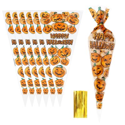 100 PCS Halloween Cone Bags Trick or Treat Cellophane Clear Triangle Cones Spider Web Candy Bags Popcorn Bag Pumpkin Spider Candy Bag for Kids Halloween Birthday Party Supplies, 5 x10 Inches