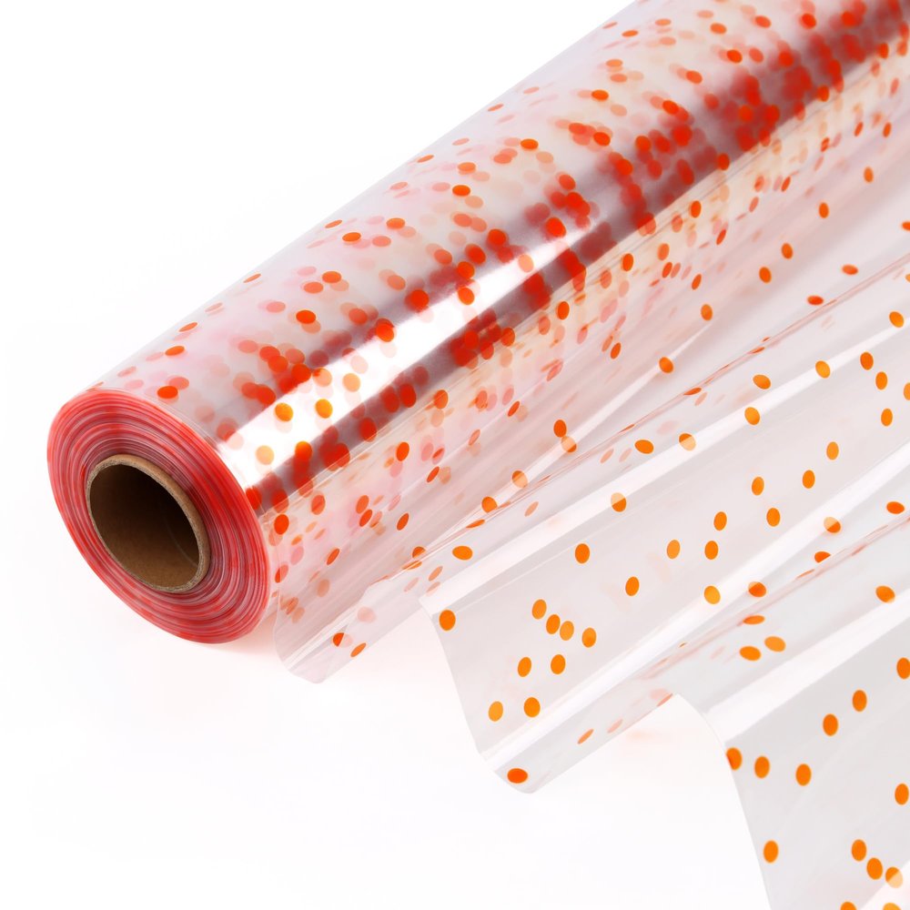 CMFYHM Clear Cellophane Wrap Roll with Orange Polka Dots | 34" x 100 | 3 Mil Transparent Cellophane Roll,Gift Wrap Cellophane,large Cellophane Wrap Film for Autumn Thanksgiving Baskets, Gifts, Treats,Crafts, Halloween Wrapping