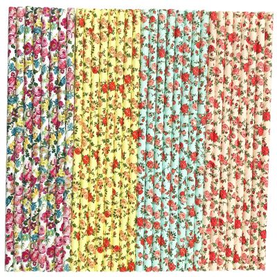 100 pcs Mixed Floral Paper Straws, Colorful Multi Red Purple Pink Yellow Blue Green White Rose Flower Drinking Straws, Spring Summer Wedding Valentine Garden Tea Party Cake Pop Sticks (Vintage Rose)
