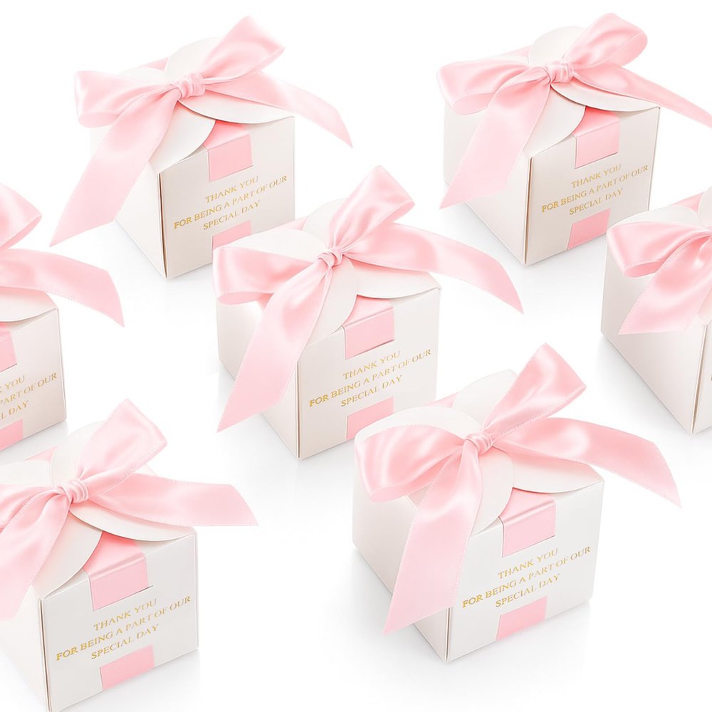 Marspark 50 Pcs Wedding Favor Boxes, 2.5 x 2.5 x 2.5 Inch Wedding Party Candy Boxes with Ribbons Bridal Gift for Guests Bridal Shower Birthday Party Anniversary Supplies(Pink)