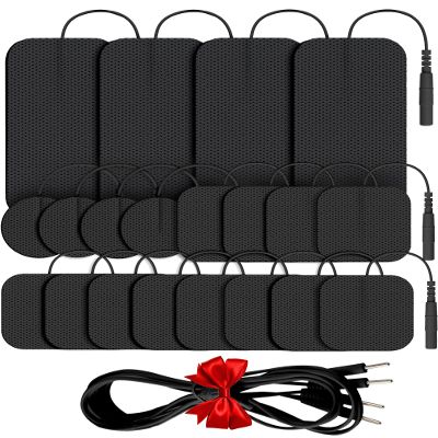 20 Pack TENS Unit Electrode Pads +1/4 Wire Cable Combination Set. Multiple Sizes Reusable Self-Adhesive TENS Unit Replacement Pads Compatible with TENS 7000, AUVON, Belifu, TENKER, AVCOO, Neocarbon