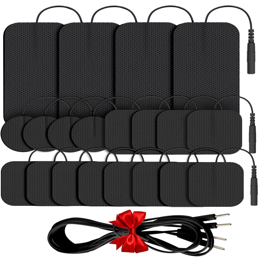 20 Pack TENS Unit Electrode Pads +1/4 Wire Cable Combination Set. Multiple Sizes Reusable Self-Adhesive TENS Unit Replacement Pads Compatible with TENS 7000, AUVON, Belifu, TENKER, AVCOO, Neocarbon