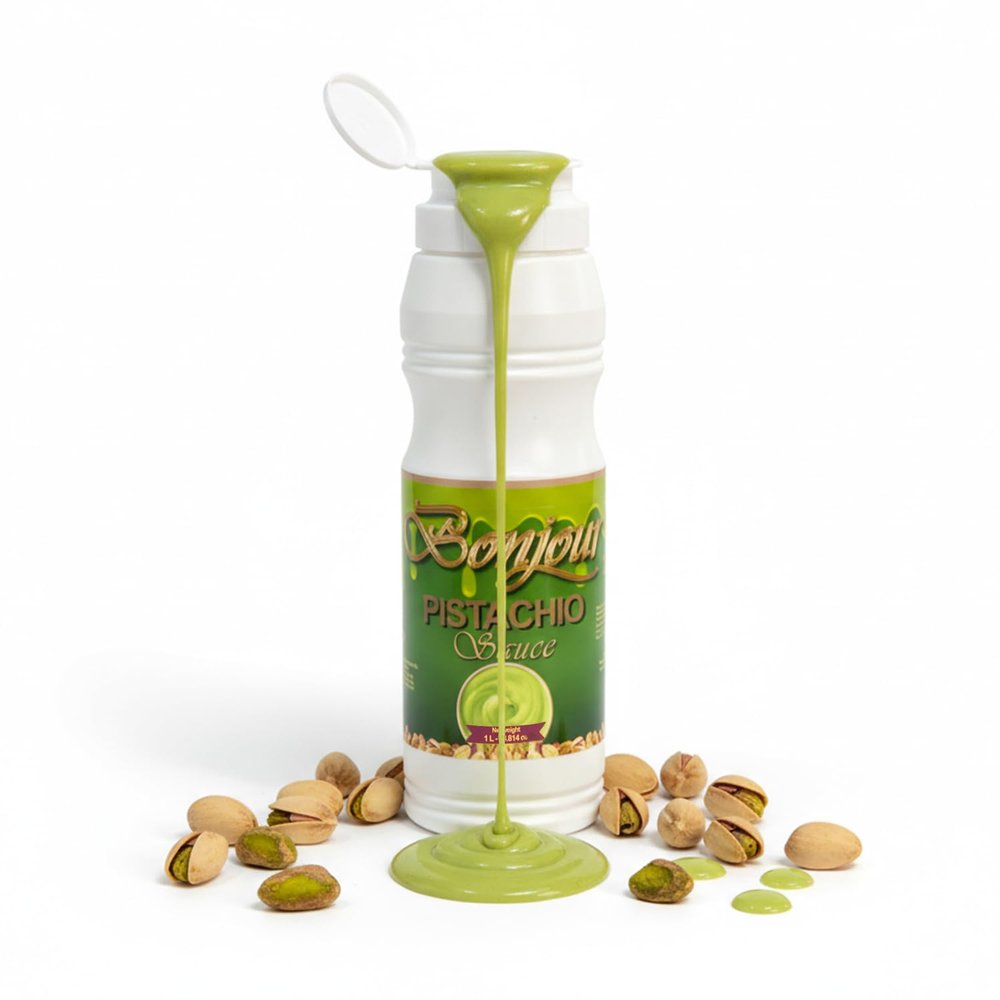 Bonjour Pistachio Cream Sauce - Adds Rich Nutty Flavor & Smooth Finish - Non-GMO Pistachio Sauce Spread & Paste with Butter for Sweet & Savory Dishes - Ideal for Dubai Chocolate - 2.20 LB (35.20 oz)
