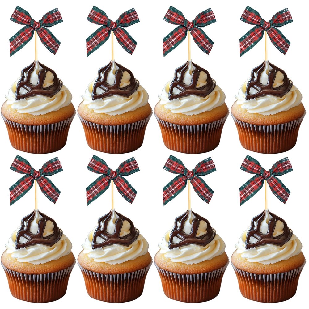 24 PCS Bowknot Cupcake Toppers Bow Baby Shower Cupcake Picks Bow Theme Birthday Party Decorations for Bowknot Theme Baby Shower Birthday Bridal Shower Wedding Party Decoration Supplies Red Green