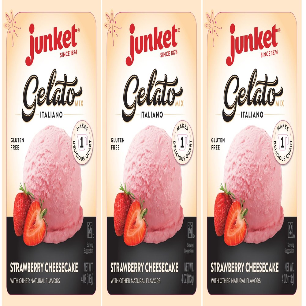 Junket Gelato Mix: Strawberry Cheesecake Homemade Gelato Ice Cream Mix for Ice Cream Maker or Stir By Hand, Start to Finish in Minutes, 4 ounce box, Yields 1 quart Frozen Gelato (Pack of 3)