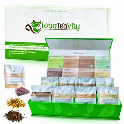 Tea Variety Pack Up to 160 Cups | 40 Whole Leaf Tea Bags, 3g Each, 8 Flavors | LongTeaVity Tea Sampler Gift Set | For Every Mood