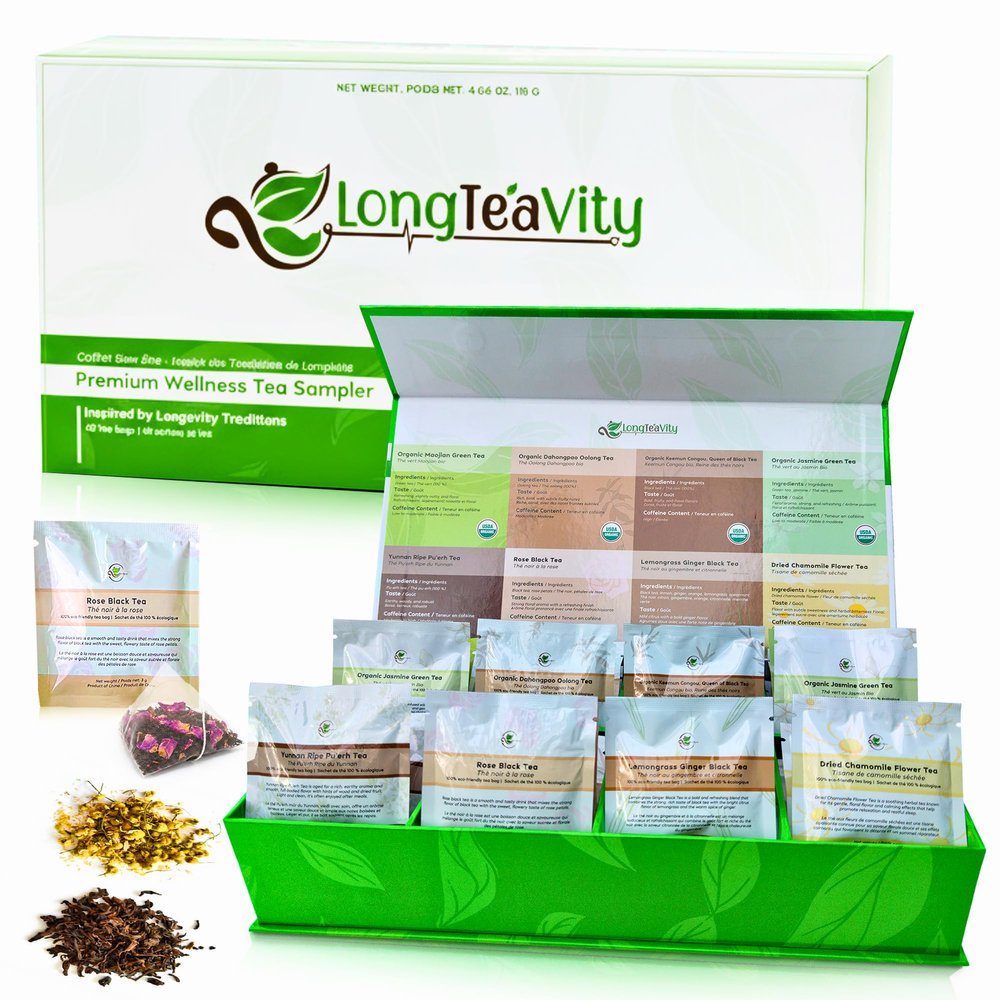 Tea Variety Pack Up to 160 Cups | 40 Whole Leaf Tea Bags, 3g Each, 8 Flavors | LongTeaVity Tea Sampler Gift Set | For Every Mood