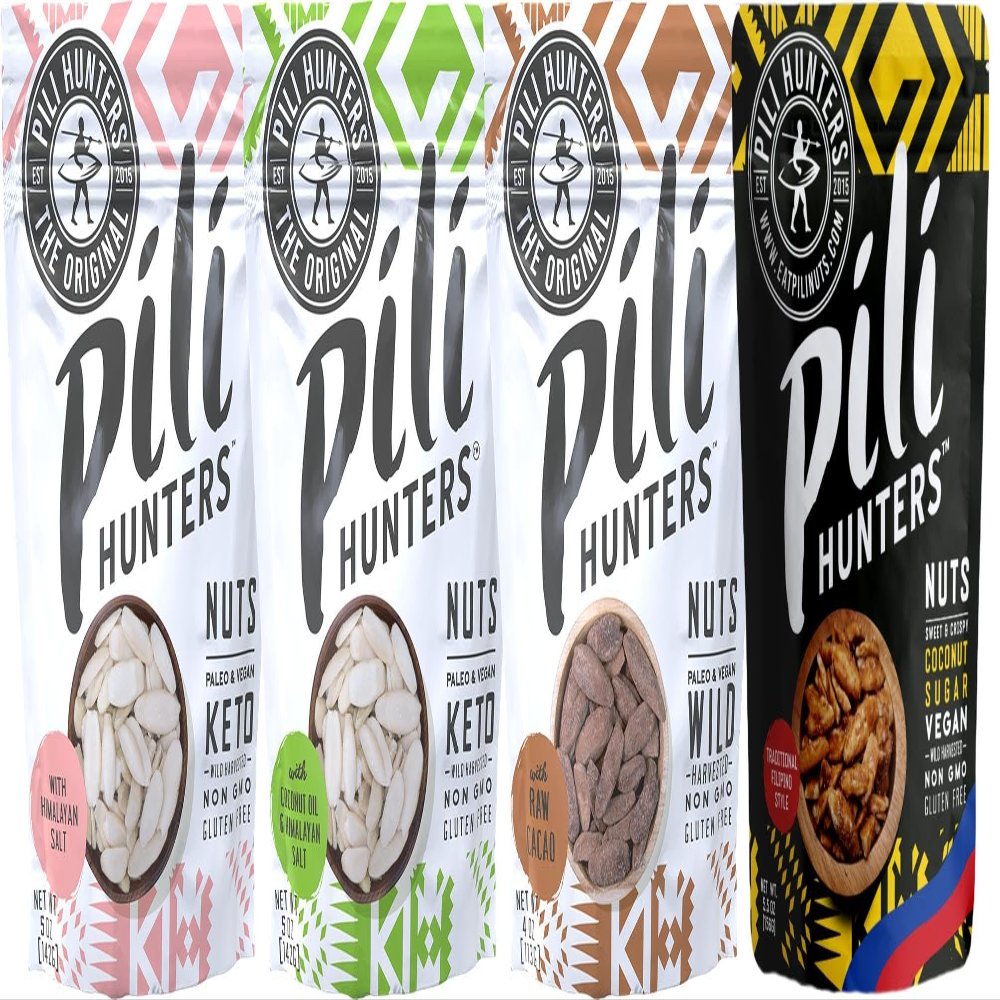 Pili Hunters Variety Pack, Wild-Harvested Keto Nuts, 4 Flavors - Raw Cacao, Coconut, Himalayan Salt, Classic Sugared, Vegan, Gluten-Free almost 1.5 lbs