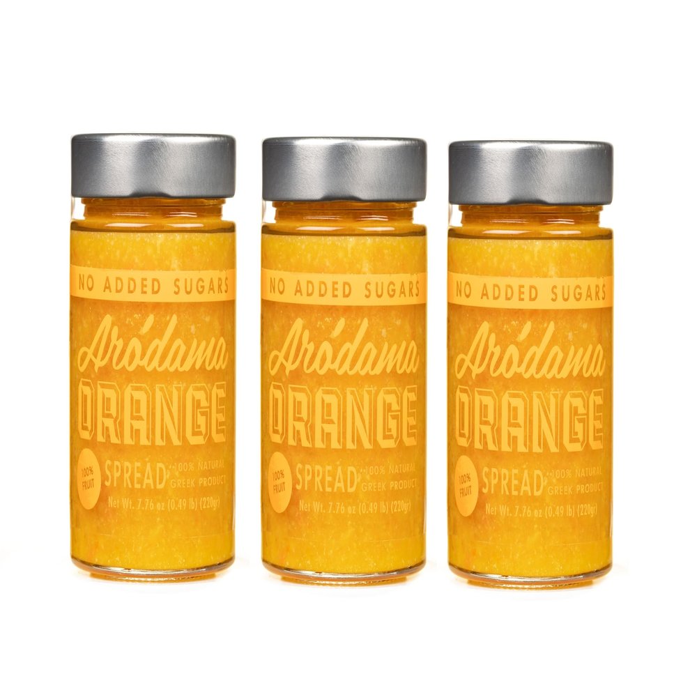 ARODAMA PREMIUM GREEK MARMALADE (JAM, SPREAD) NO SUGAR ADDED, 7.8 OZ/ 220 GRS CRETAN PRODUCT 100% NATURAL NO PRESERVATIVES OR ADDITIVES (3 JAR PACK, ORANGE NO SUGAR ADDED)
