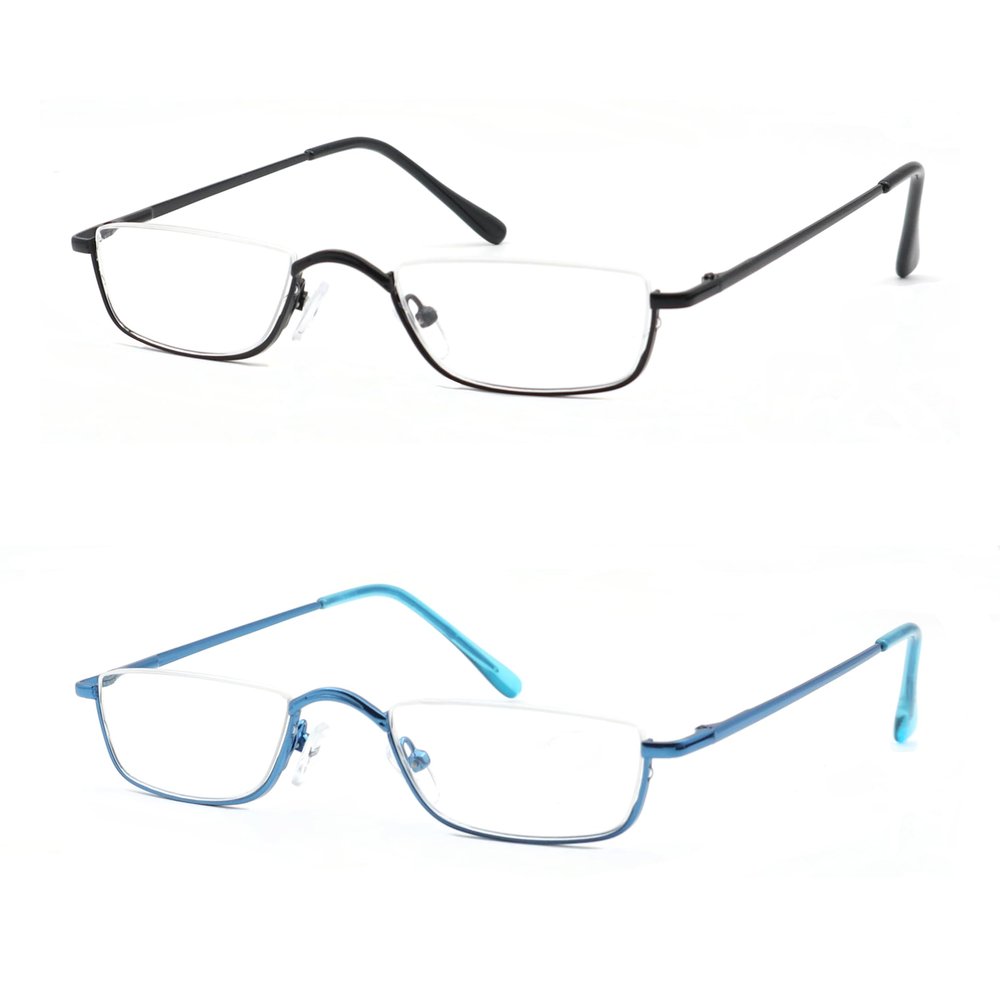 COVESATO Half Reading Glasses, Half Lens Frame Metal Readers for Women Men Black+Blue,3.00