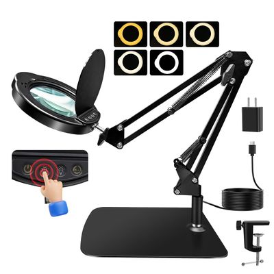 15X HD Magnifying Glass with Light, Hands-Free Desk Magnifier with 2-in-1 Base & Clamp, Adjustable Swing Arm, 5 Color Modes, 10 Brightness Levels for Reading, Crafts, Sewing & Nail Art