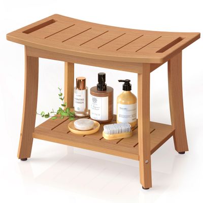 Waterproof Shower Benches for Inside Shower, Poly Lumber Shower Stool with Storage Shelf & Adjustable Feet, SPA Bathroom Seat Chair for Shaving Legs, Indoor or Outdoor Use, Teak Brown