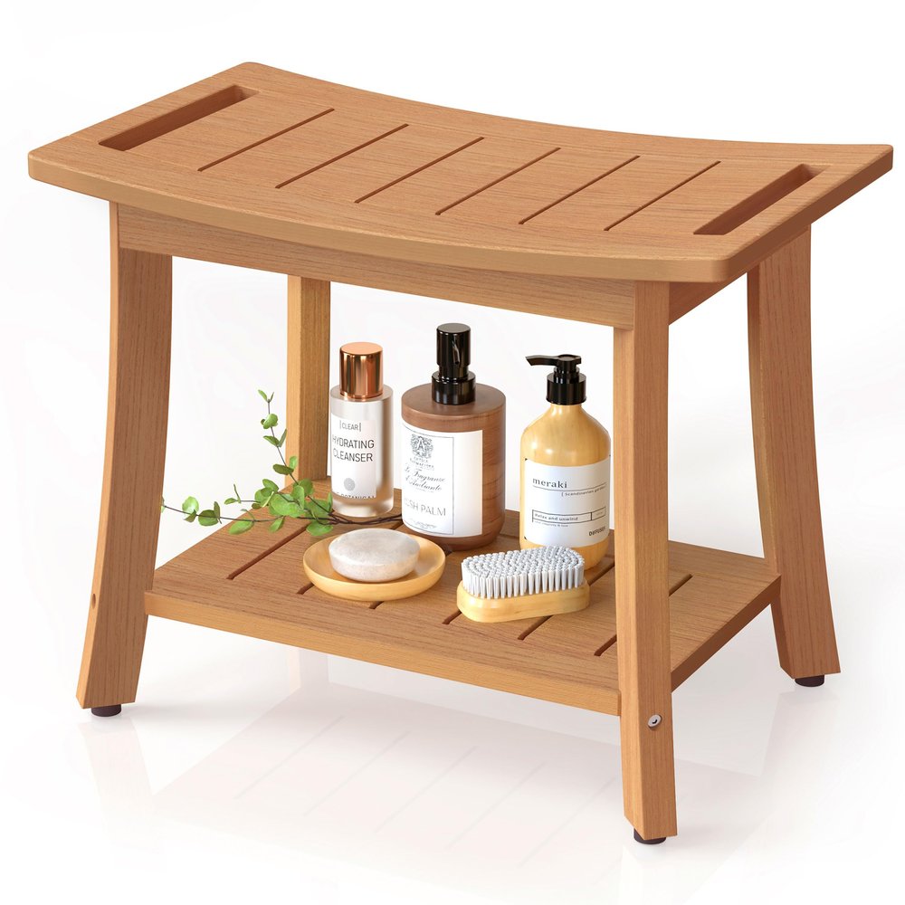 Waterproof Shower Benches for Inside Shower, Poly Lumber Shower Stool with Storage Shelf & Adjustable Feet, SPA Bathroom Seat Chair for Shaving Legs, Indoor or Outdoor Use, Teak Brown