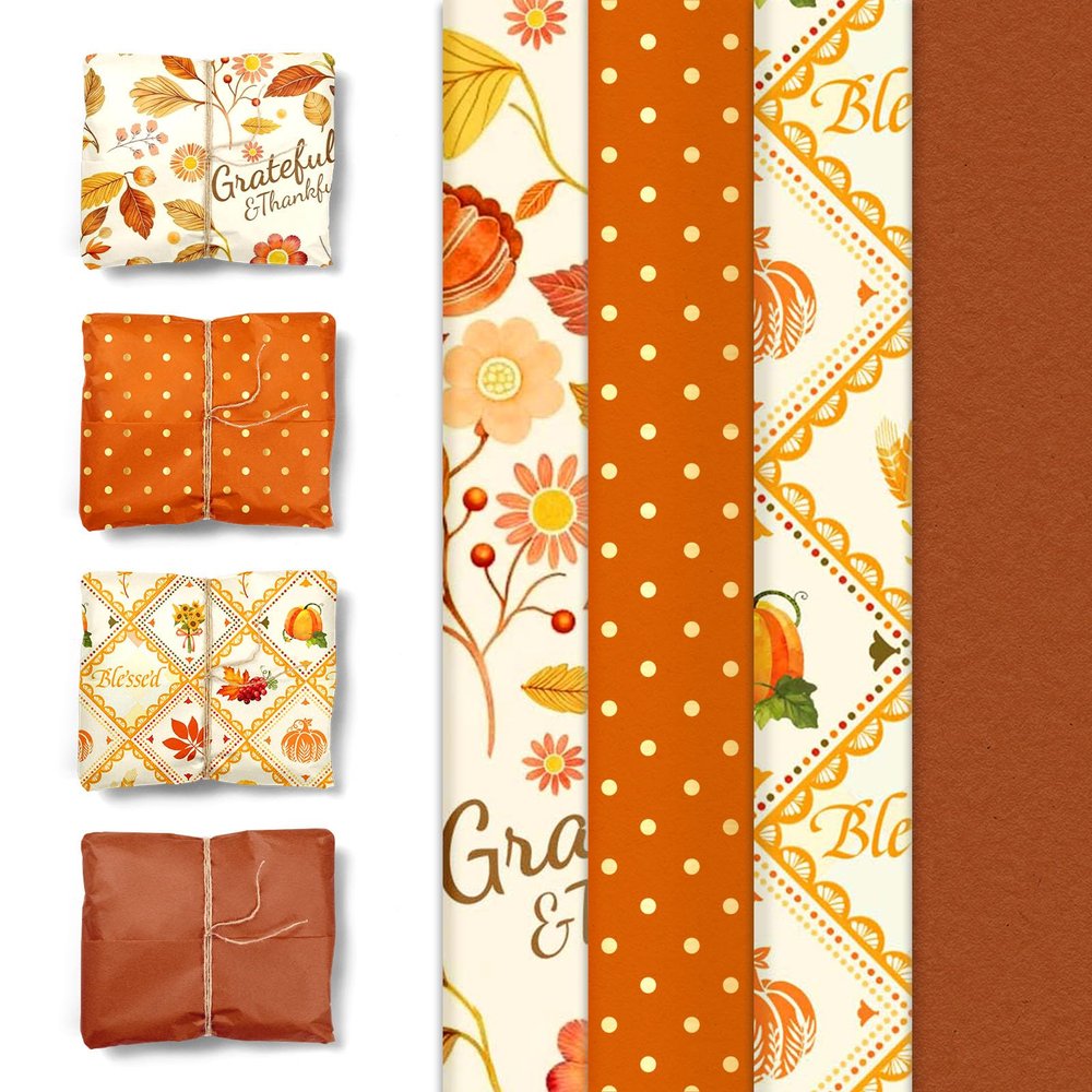 Aobkiat Fall Thanksgiving Tissue Paper for Gift Bags,24 Sheets Pumpkin Maple Leaf Design Paper,Orange Wrapping Craft Paper for DIY, Autumn Harvest Present Packaging,15 x 20 Inch