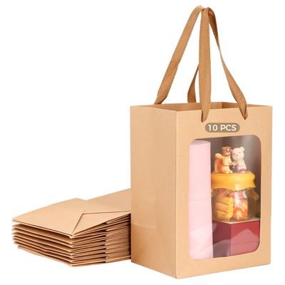 10-Pack Kraft Paper Gift Bags With Clear Window, 9.8 X 7.1 X 5.1 Inch, Rope Handle Shopping & Retail Bags For Gifts, Food, And Parties
