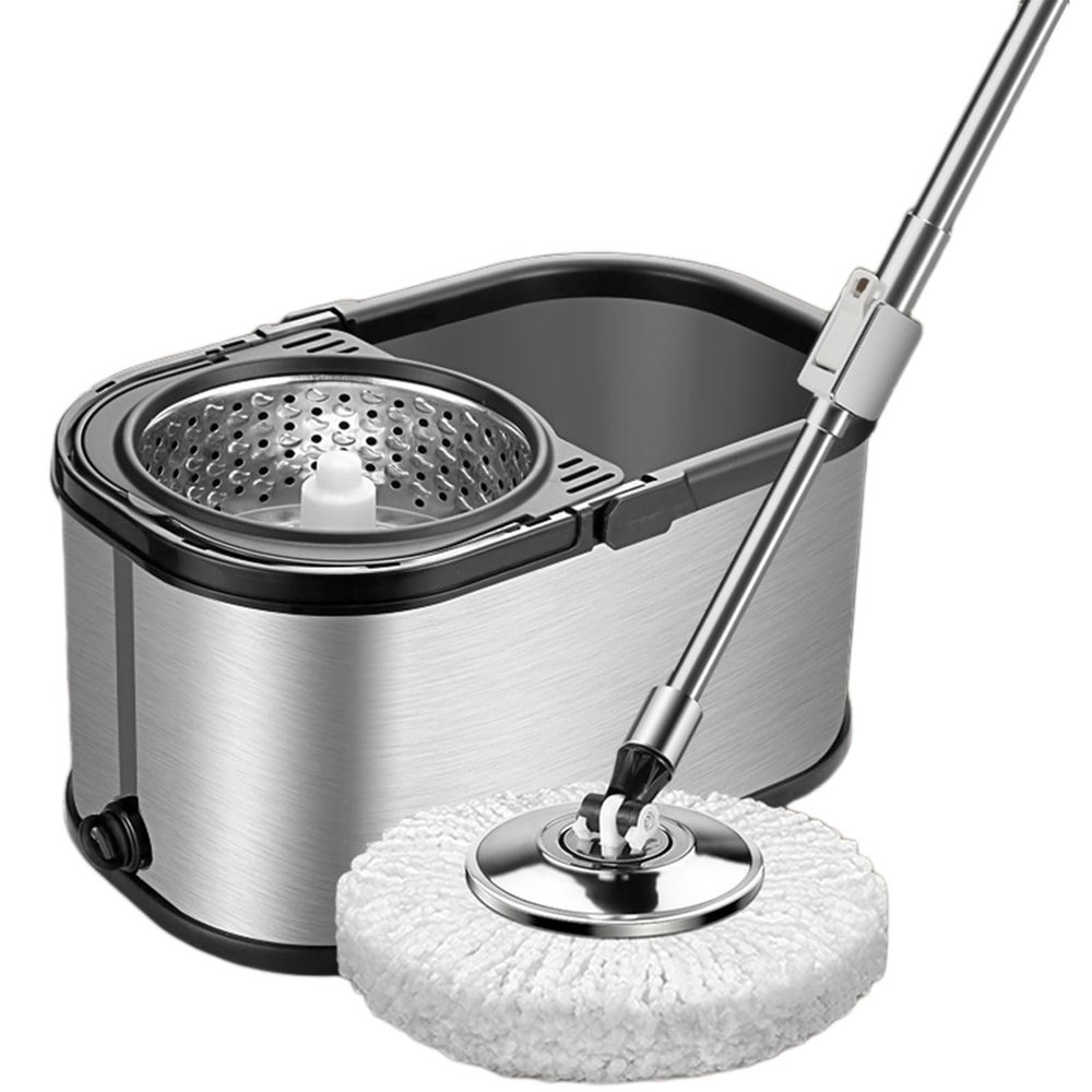 HSDXBA Spin Mop and Bucket with 5 Extra Pads Self-Cleaning Self-Wringing System Telescopic Spin Wet & Dry Mops for Cleaning Hardwood Laminate Tile Floors,Silver