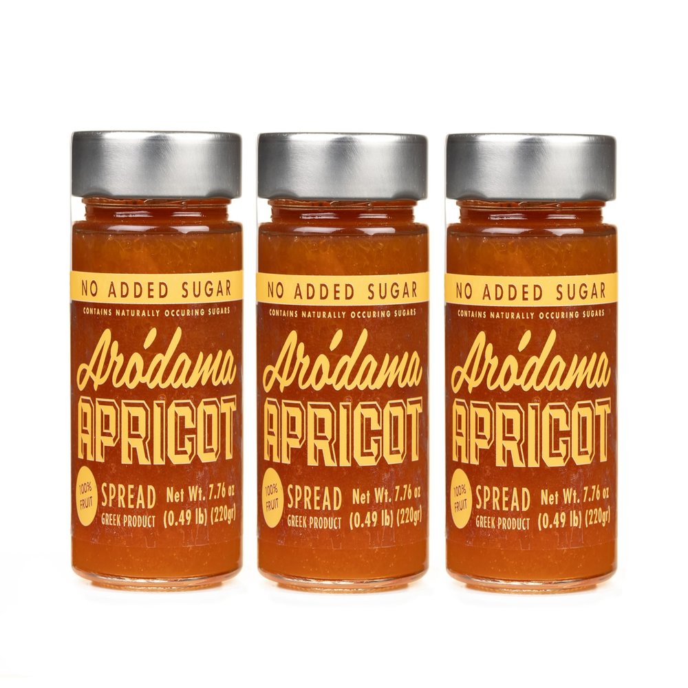 ARODAMA PREMIUM GREEK MARMALADE (JAM, SPREAD) NO SUGAR ADDED, 7.8 OZ/ 220 GRS CRETAN PRODUCT 100% NATURAL NO PRESERVATIVES OR ADDITIVES (3 JAR PACK, APRICOT NO SUGAR ADDED)