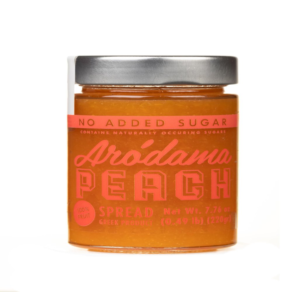 ARODAMA PREMIUM GREEK MARMALADE (JAM, SPREAD) NO SUGAR ADDED, 7.8 OZ/ 220 GRS CRETAN PRODUCT 100% NATURAL NO PRESERVATIVES OR ADDITIVES (SINGLE JAR, PEACH NO SUGAR ADDED)