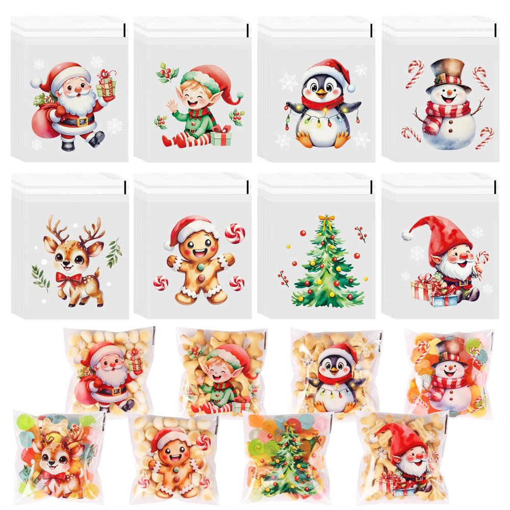 CCINEE Christmas Cellophane Bags, 240 PCS Self Sealing Cookie Bags Xmas Candy Wrappers Plastic Treat Snack Baggies for Christmas Party Gift Giving DIY Supplies Favor, 8 Styles