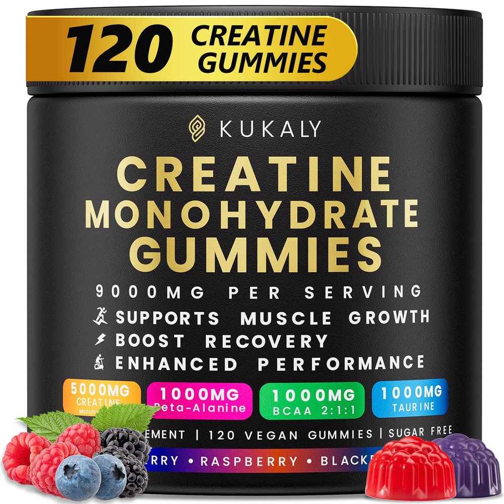 KUKALY Creatine Monohydrate Gummies for Men & Women, 9000MG Creatine Gummies Sugar Free - Mixed Flavored with L-Taurine, BCAA 2:1, B12 B6 for Boost Strength, Focus & Endurance, Vegan, Non-GMO, 120pcs
