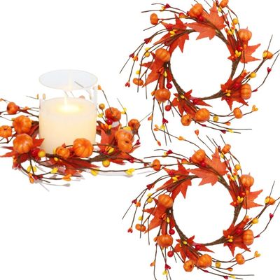 2 Pieces Pumpkins Candle Rings Wreaths Fall Thanksgiving Day Ring Holder with Maple Leaves Berries Wreath Mini Autumn Artificial for Wedding,Door Tabletop Decoration (Orange)